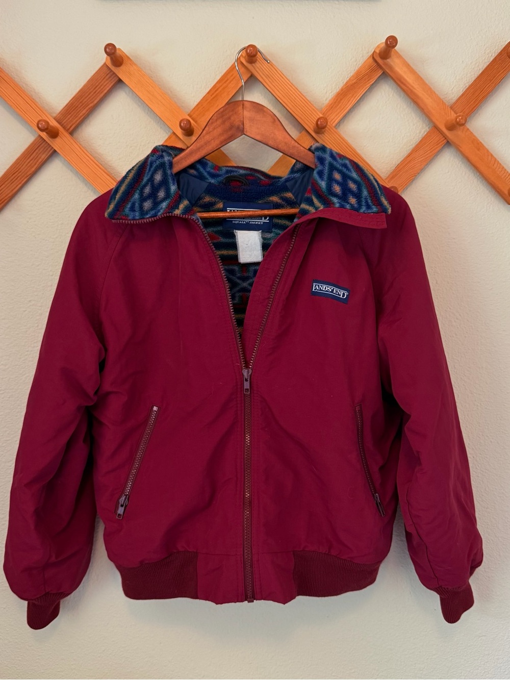 VTG Lands' End Burgundy Bomber Jacket with Patterned Fleece Inside